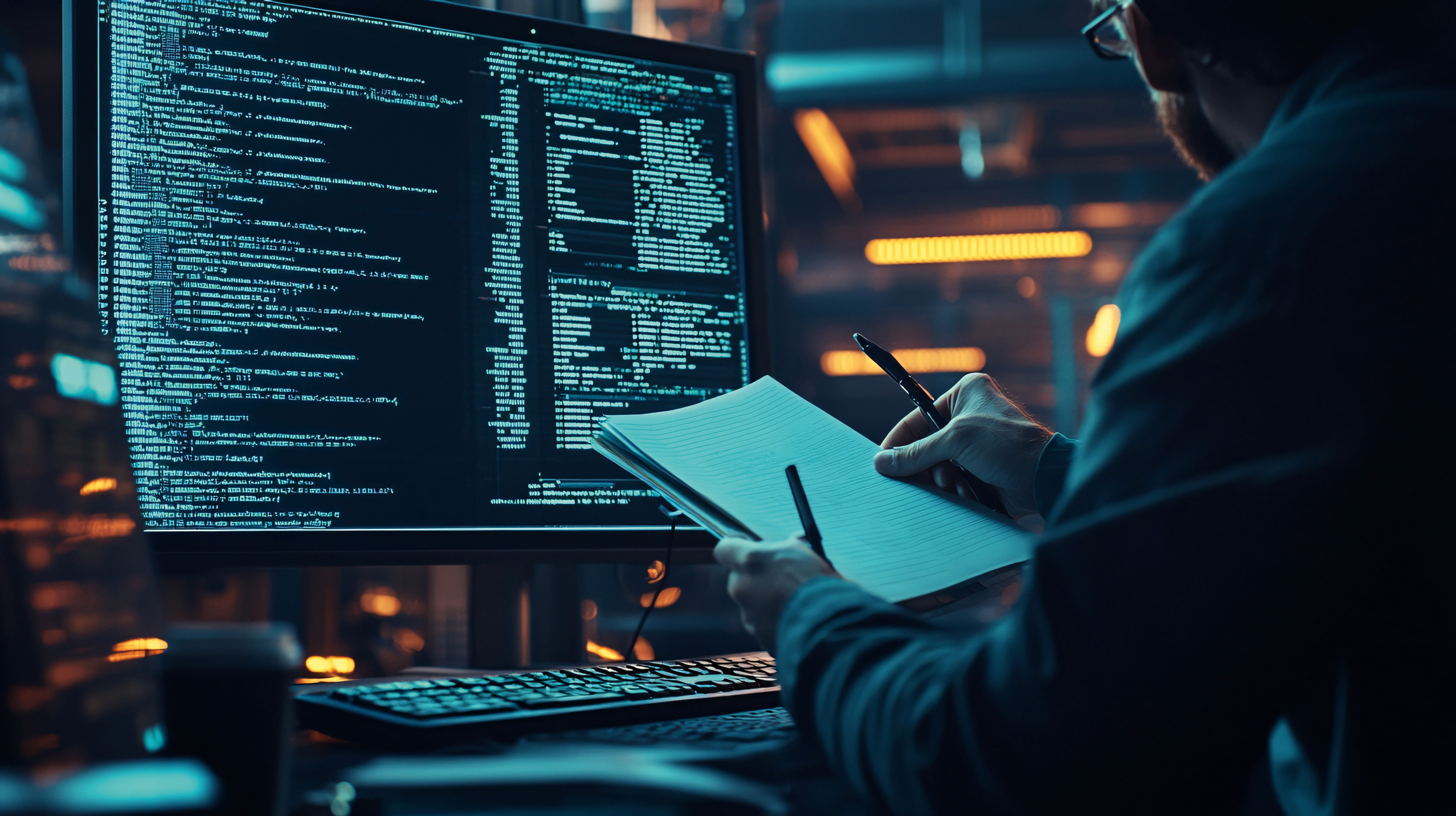Man in front of PC screen and keyboard with pad and pen in hands